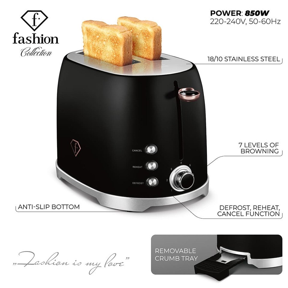 Toaster FTV0111 Black–Rose Gold – 7 Toast Levels, 850W | Fashion by Berlinger Haus