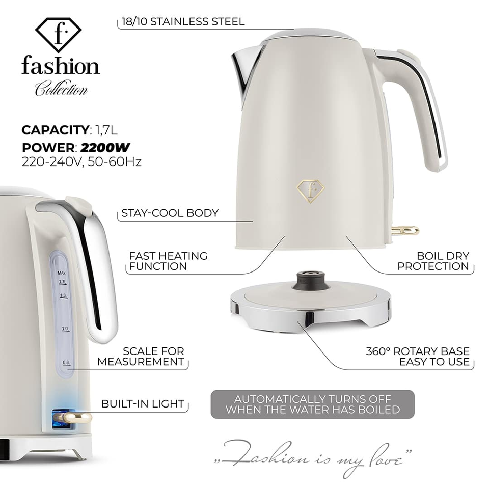 Fast Boiling Electric Kettle 1.7L | 2200W | Cream–Gold FTV0152 Berlinger Haus