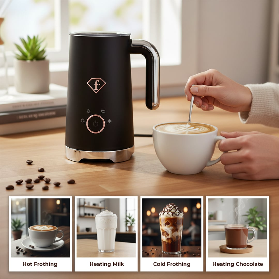 Milk Frother with Hot & Cold Foam 4-in-1 | 400W | Black–Rose Gold FTV0152 Berlinger Haus