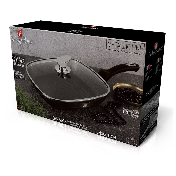 Ribbed Skillet with lid 28 cm Berlinger Haus BH-6612 Black