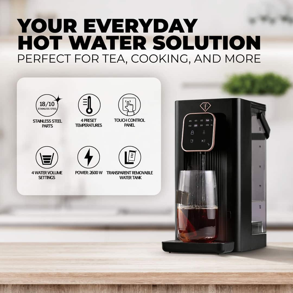 2-in-1 Digital Water Dispenser Black–Rose Gold FTV0187 | Instant Hot & Room Temperature Water | Touch Control | Berlinger Haus