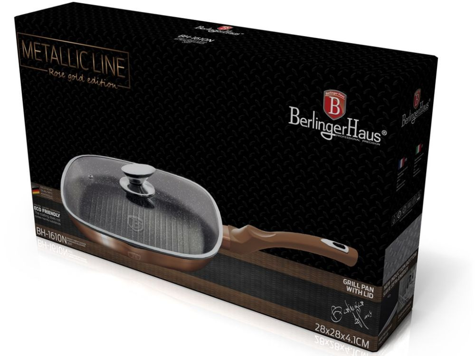 Grill Pan with Glass Lid 28 cm Berlinger Haus BH/1610 Rose Gold Collection