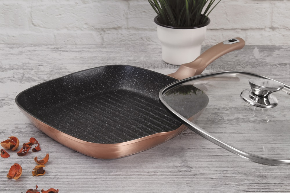 Grill Pan with Glass Lid 28 cm Berlinger Haus BH/1610 Rose Gold Collection