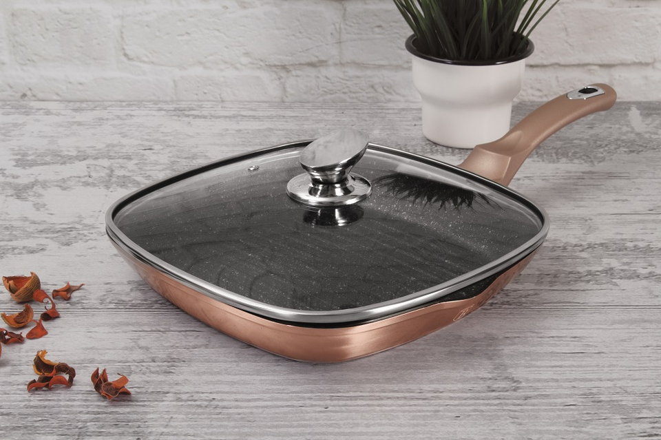 Grill Pan with Glass Lid 28 cm Berlinger Haus BH/1610 Rose Gold Collection