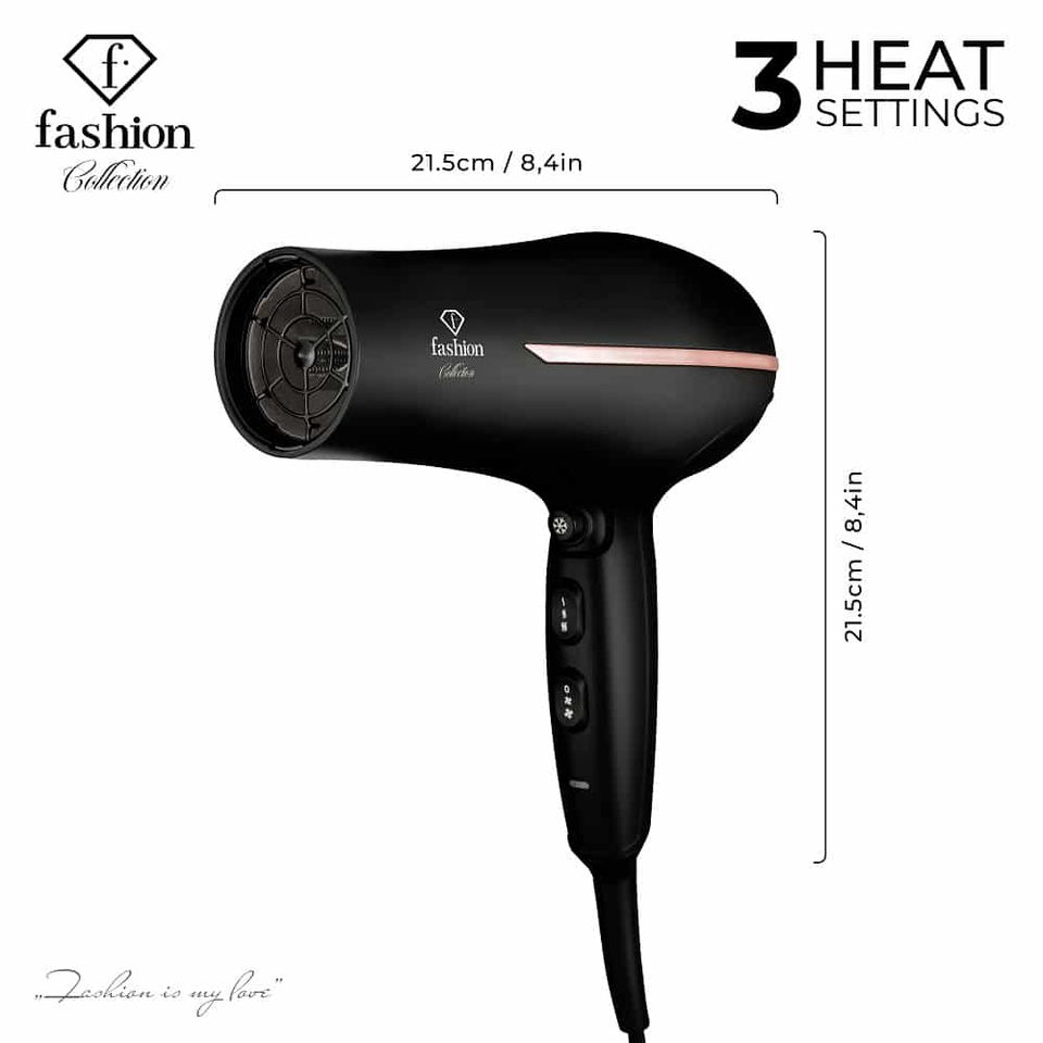Professional Hair Dryer 2300W – Ionic Technology | Black–Rose Gold | Fashion by Berlinger Haus FTV0144