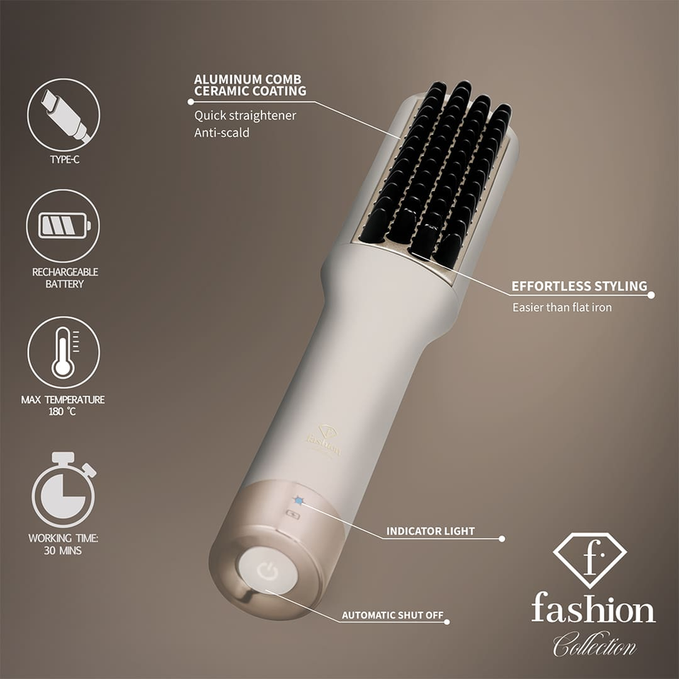 Hair straightening brush with ceramic-coated combs; highlights quick straightening, anti-scald and auto shut-off features, plus indicator light and Fashion Collection branding.