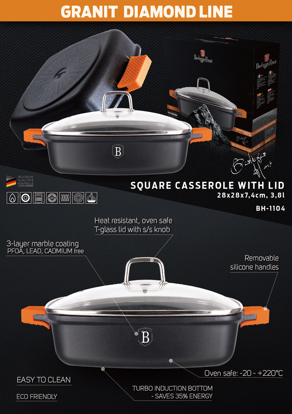 Square Casserole Berlinger Haus BH/1104 Granite Diamond Line