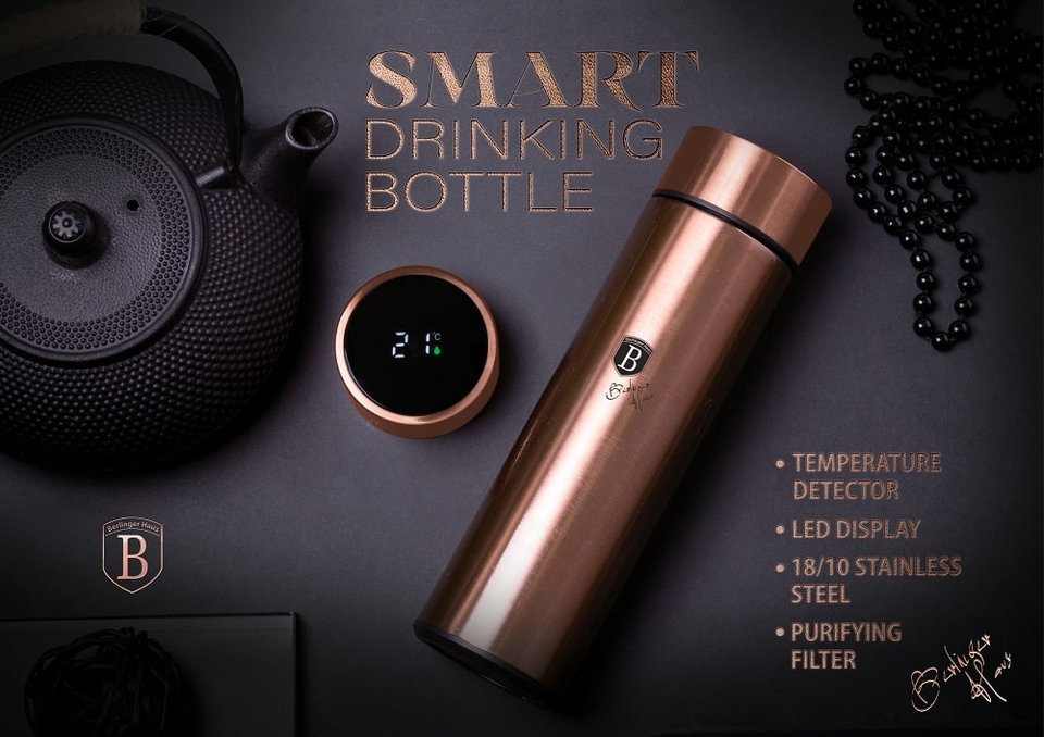 Drinking Bottle with LED Temperature Display, 450 ml | Rose Gold | Berlinger Haus BH7954