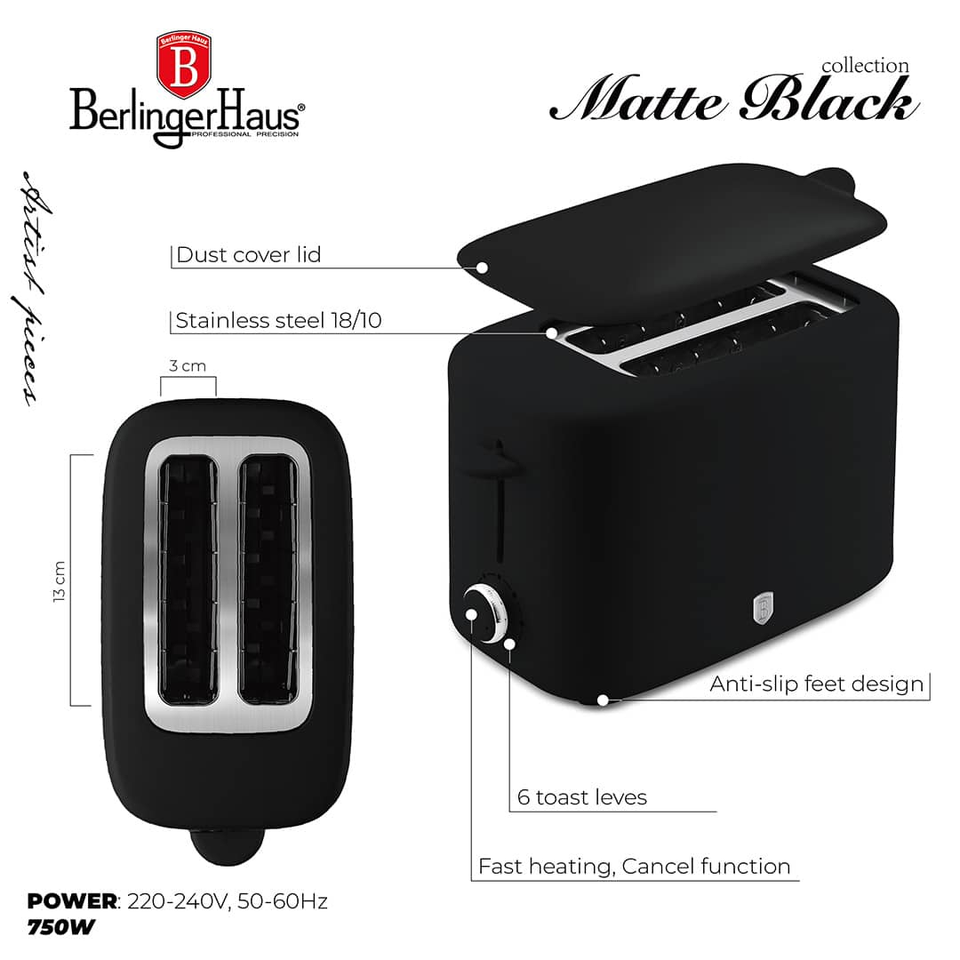 Toaster with Cover, Black–Silver | Berlinger Haus BH9703