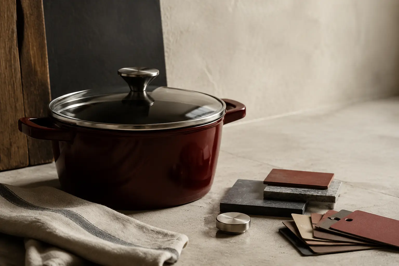 Deep red cookware and carefully selected materials