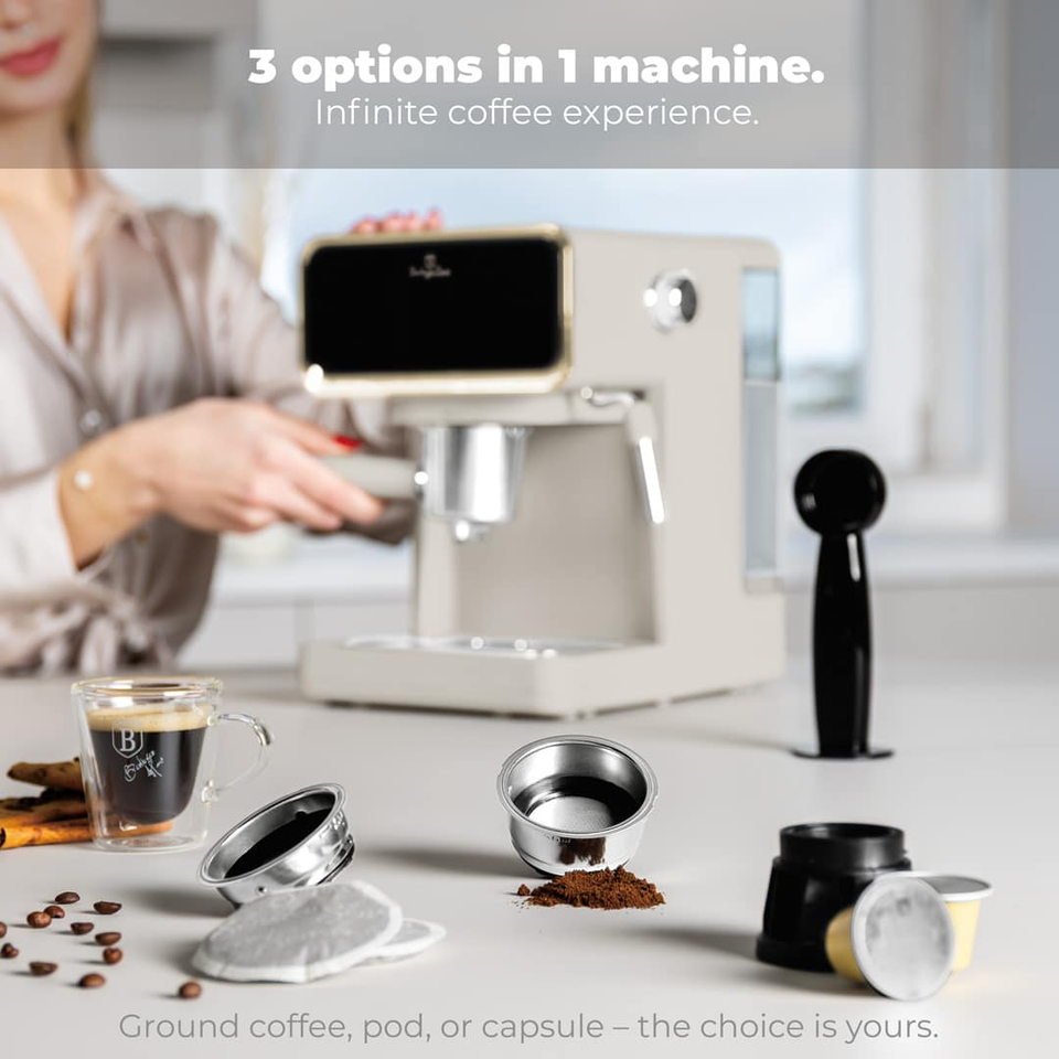 Digital Espresso Coffee Maker, 3 in 1 | Sahara Matt Cream | Berlinger Haus BH9847