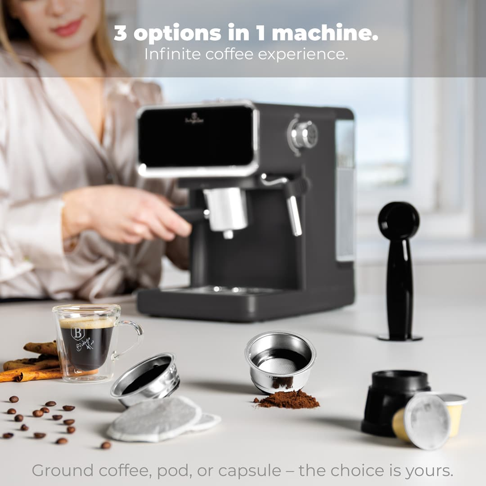 Digital Espresso Coffee Maker, 3 in 1 | Matt Anthracite | Berlinger Haus BH9852