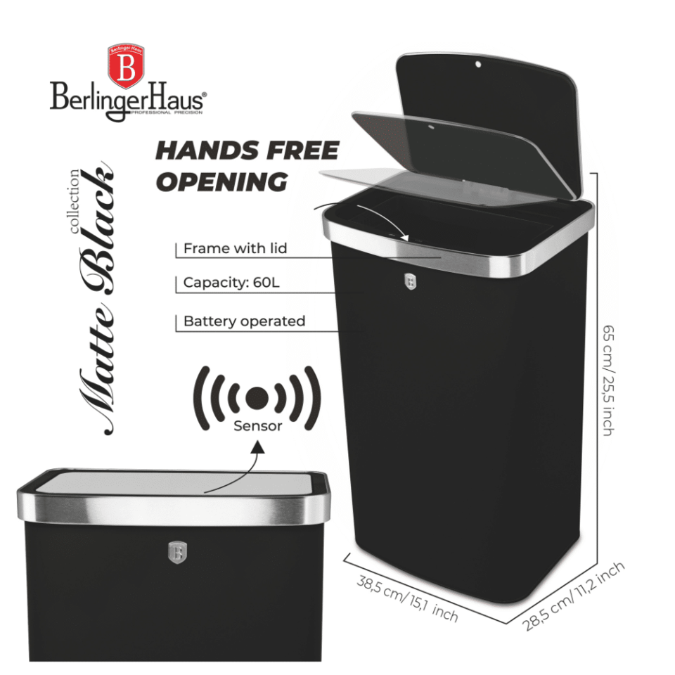 Sensor Bin, 60L, Matt Black | Berlinger Haus BH9795
