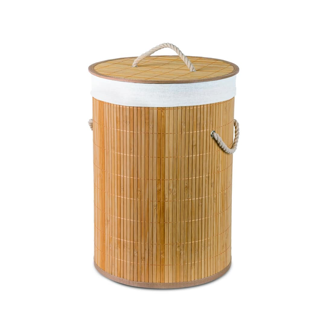 Tall cylindrical bamboo laundry hamper with a lid and rope handles against a white background.