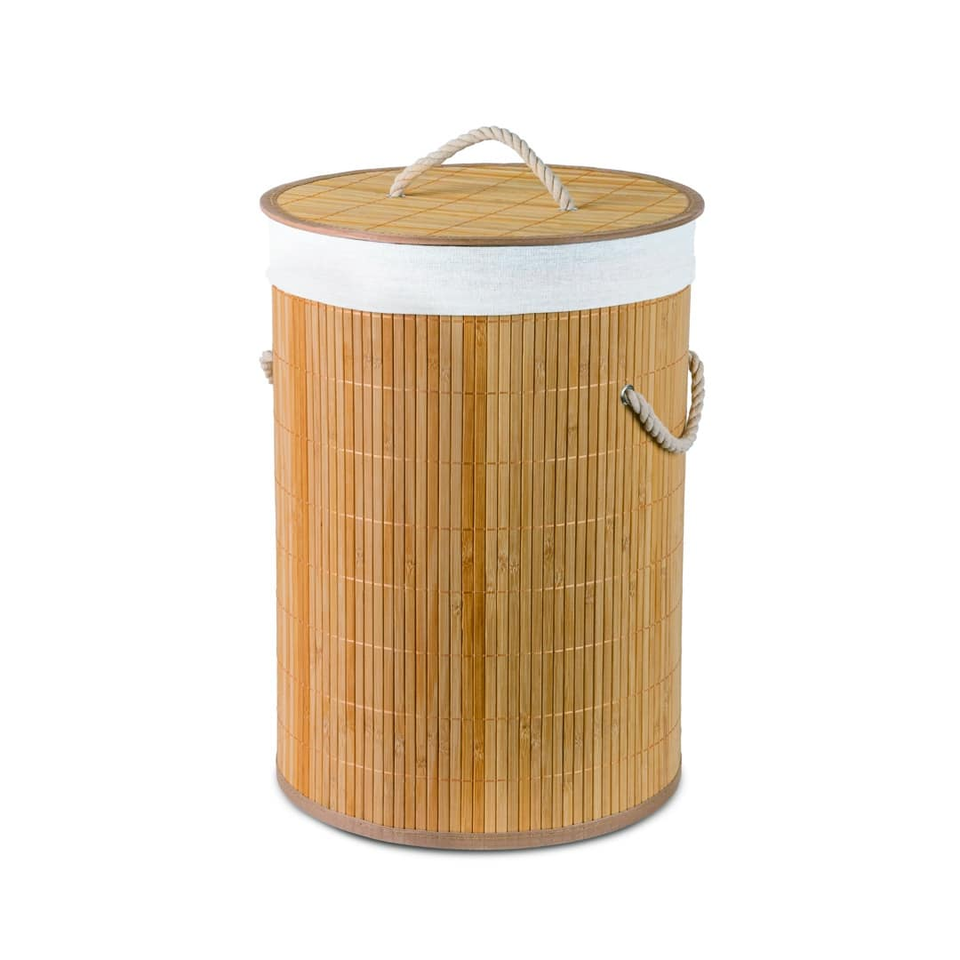 Tall cylindrical bamboo laundry hamper with a lid and rope handles against a white background.