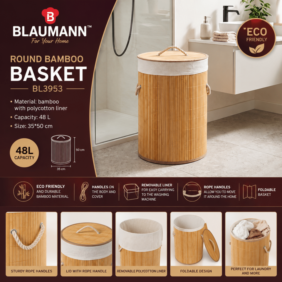Round Bamboo Laundry Basket 48L Blaumann BL3953