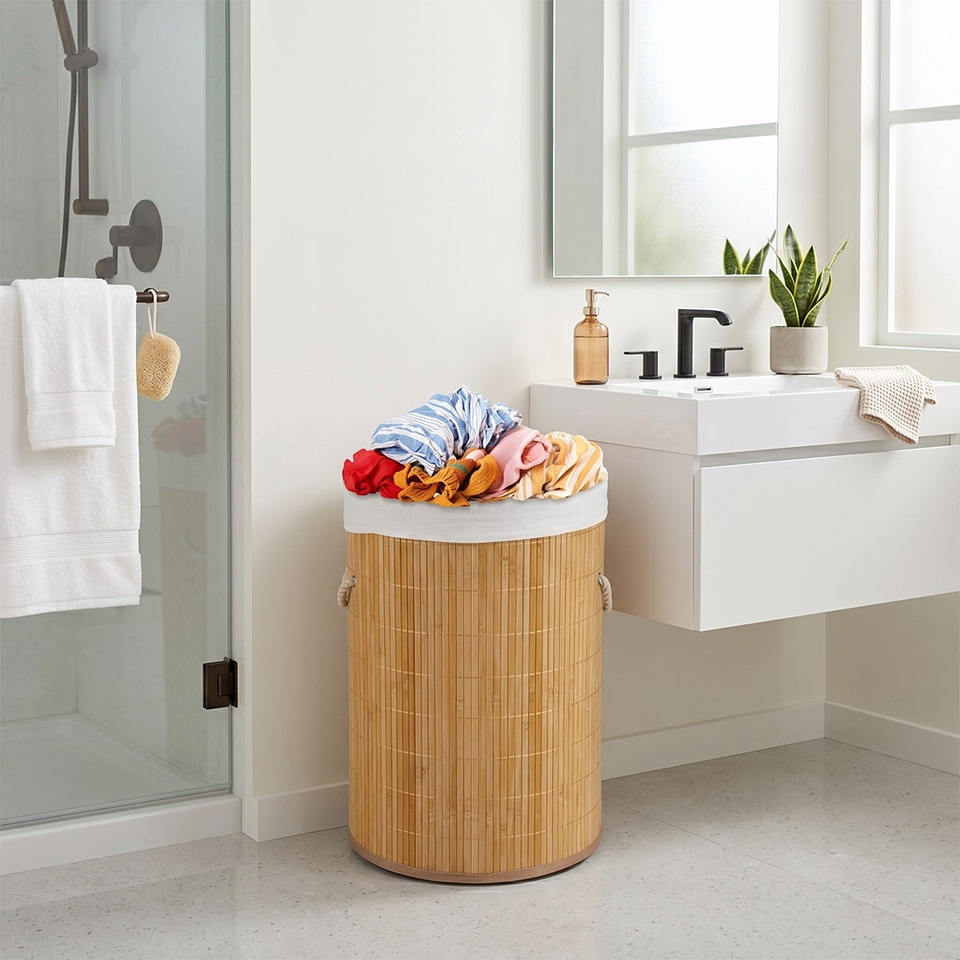 Round bamboo laundry hamper with colorful clothes on top, placed beside a white modern bathroom vanity and a potted plant in natural light.
