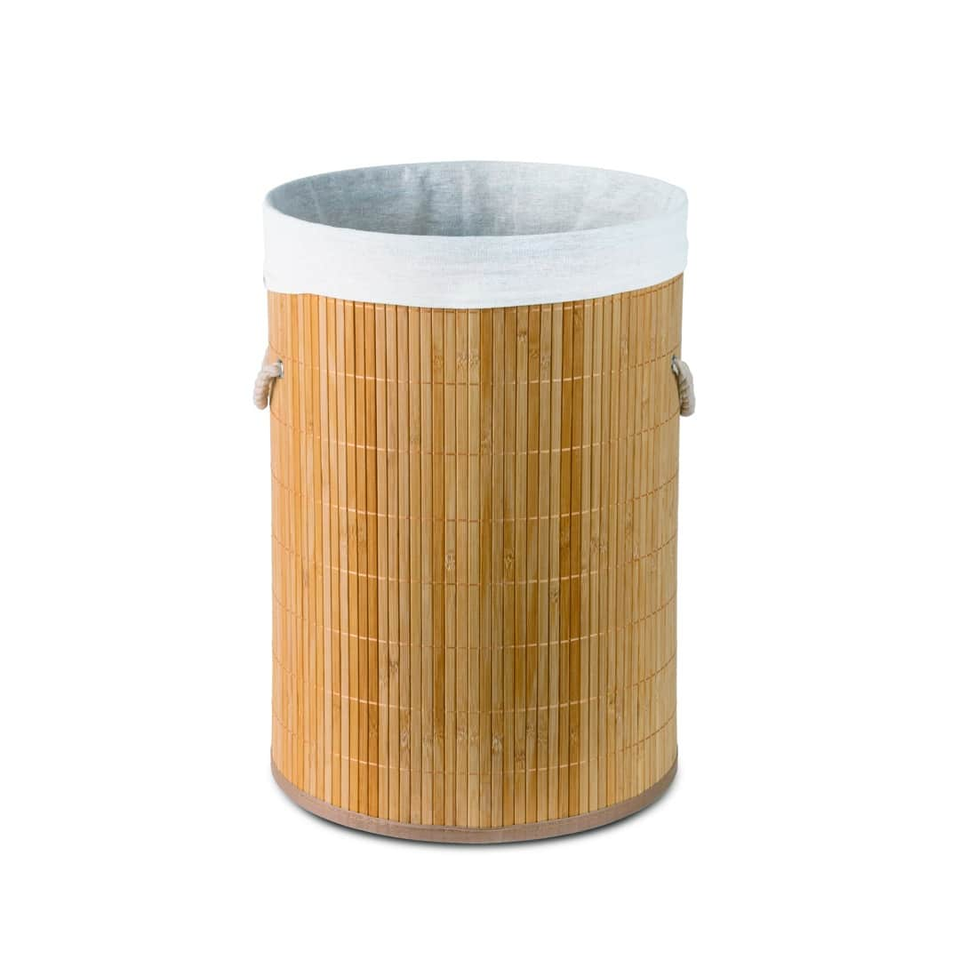 Tall cylindrical bamboo laundry hamper with a white fabric rim and rope handles