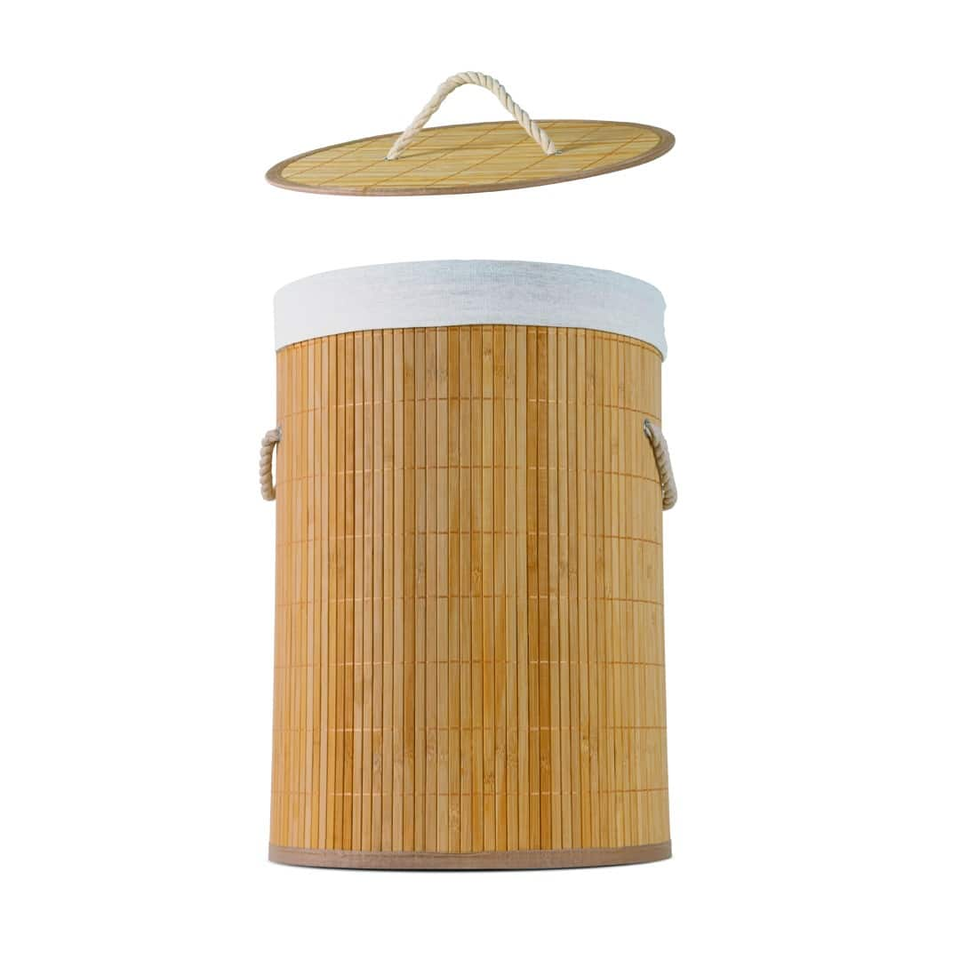 Tall bamboo steamer with a white rim, rope handles, and a separating lid hovering above. Perfect for steaming dumplings and buns.