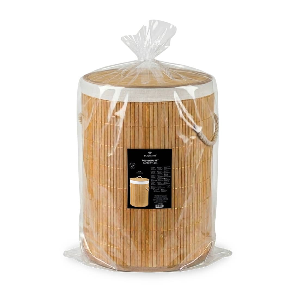 Round bamboo storage basket sealed in clear plastic wrap with a black label on the front.