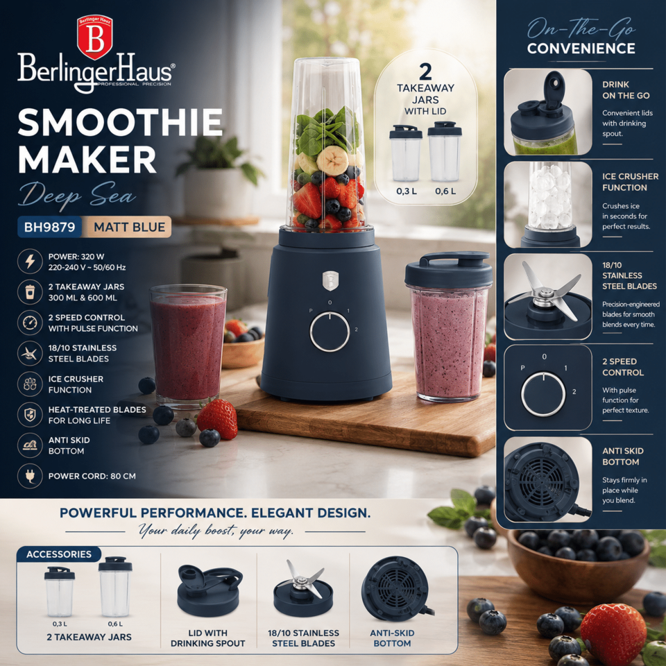 Berlinger Haus smoothie maker on a kitchen counter with two take-away jars and fresh fruit in the background (advertising image).