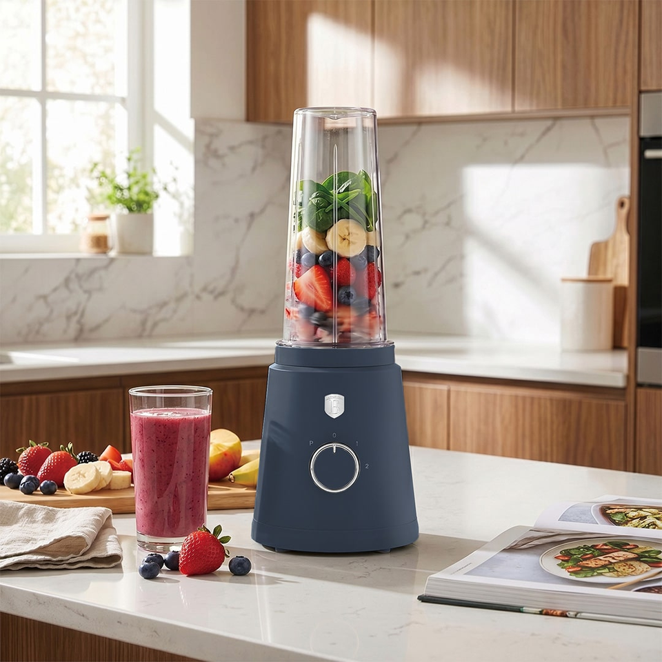 Blue blender on a white kitchen island, filled with layered fruit (berries, banana, spinach) ready to blend; a glass of pink smoothie and fresh fruit sit nearby.