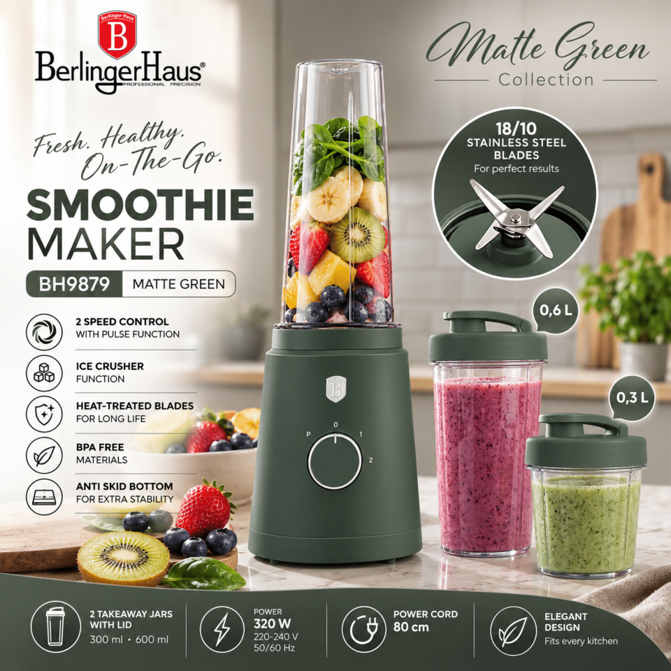 Matte green Berlinger Haus smoothie maker with a glass blending jar filled with fruit, flanked by two takeaway jars in a kitchen scene.