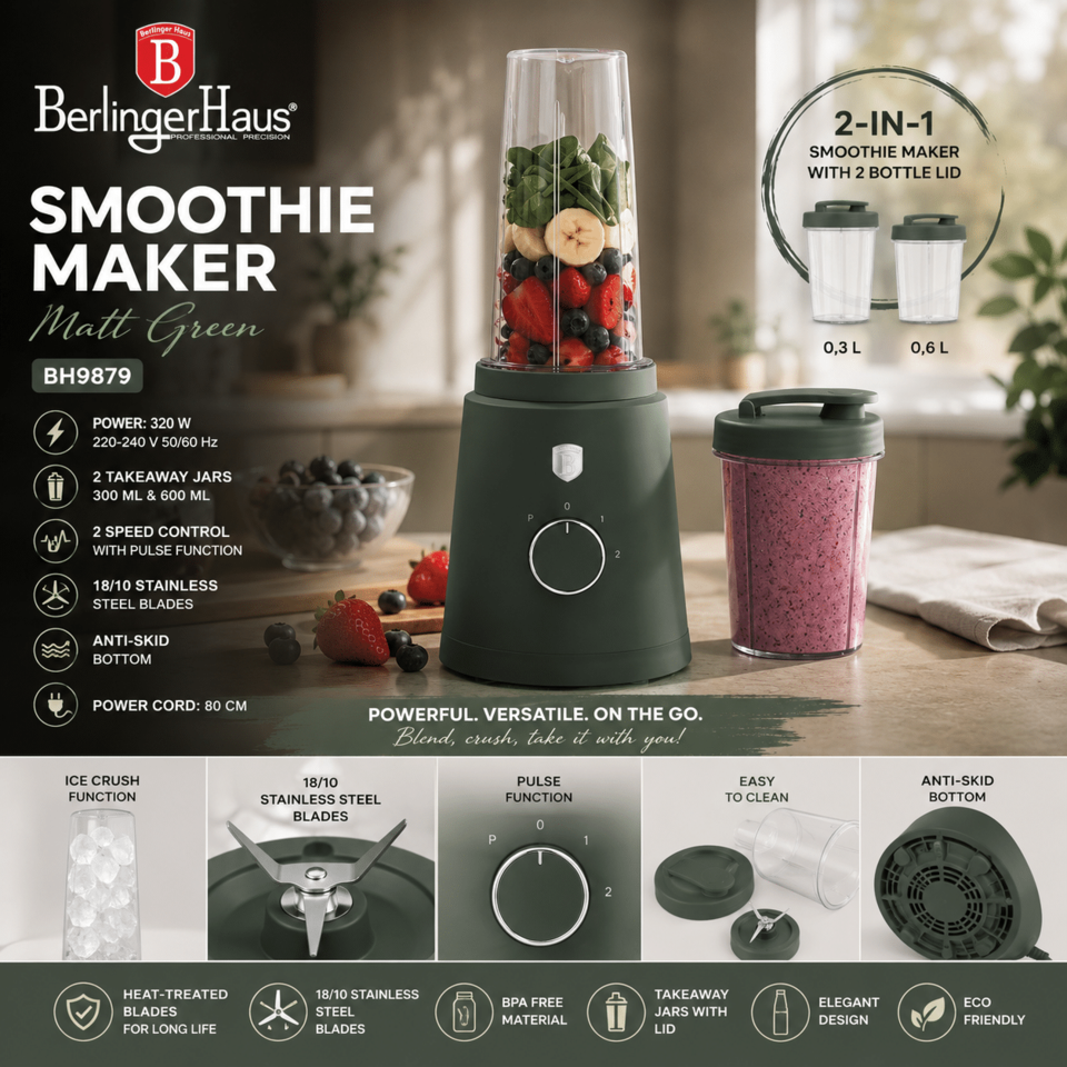 BerlingerHaus 2-in-1 smoothie maker with two jars and green base, surrounded by fruit on a kitchen counter (product ad)