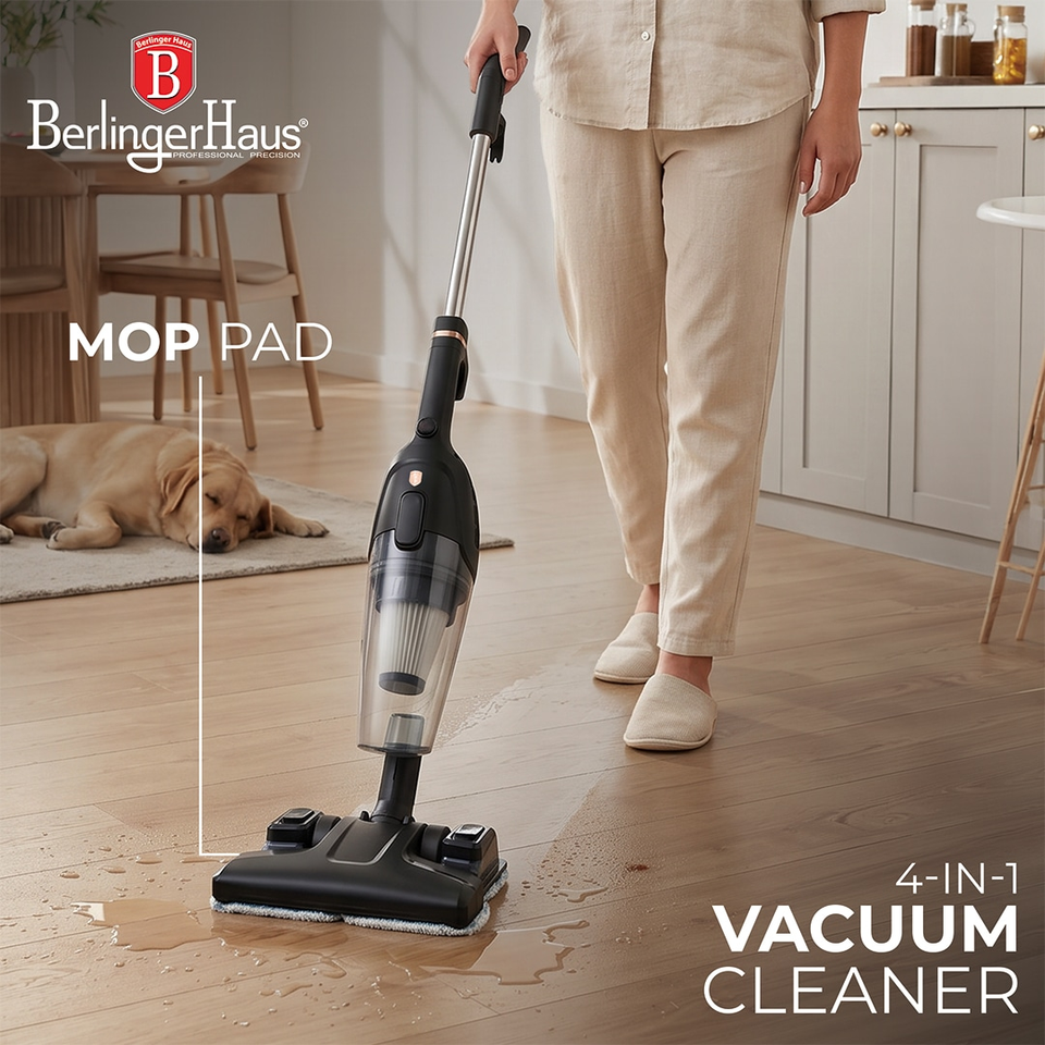 Person using a Berlinger Haus 4-in-1 MOP PAD vacuum to clean a wooden floor, with a dog resting in the background.
