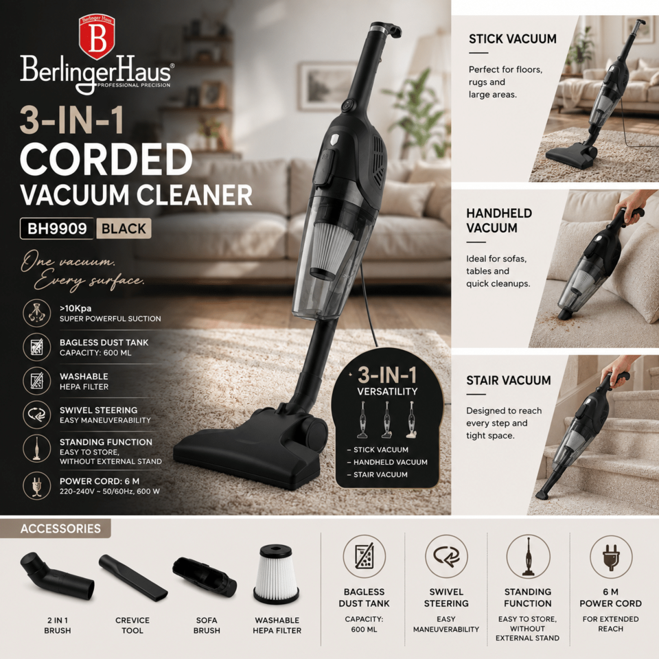 Berlinger Haus 3-in-1 corded vacuum cleaner (BH9909) shown with stick, handheld, and floor-cleaning options in a living room setting; features include bagless dust tank, washable HEPA filter, and 6 m power cord, highlighting versatility for stairs, sofas, and floors.