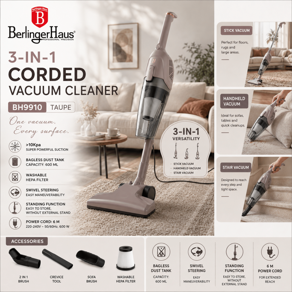 3-in-1 Corded Vacuum Cleaner 600W Berlinger Haus BH9910