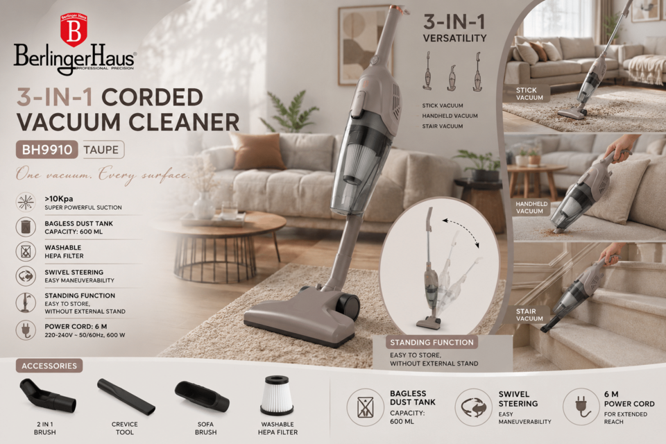Berlinger Haus 3-in-1 corded vacuum cleaner shown in a modern living room, highlighting its versatility and features like bagless dust tank and HEPA filter.