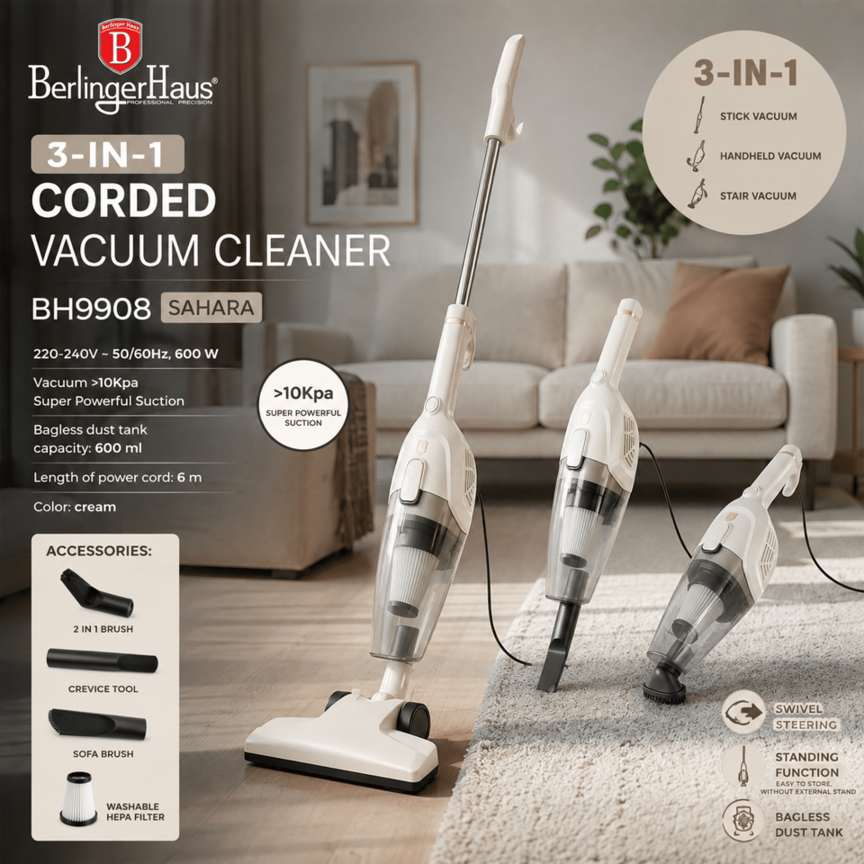 3-in-1 corded vacuum cleaner BH9908 Sahara with multiple vacuum heads shown in a living room setting