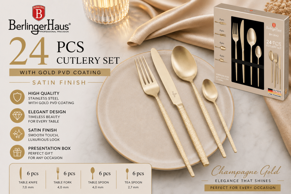 24 Piece Champagne Gold Cutlery Set BH2642 | Berlinger Haus