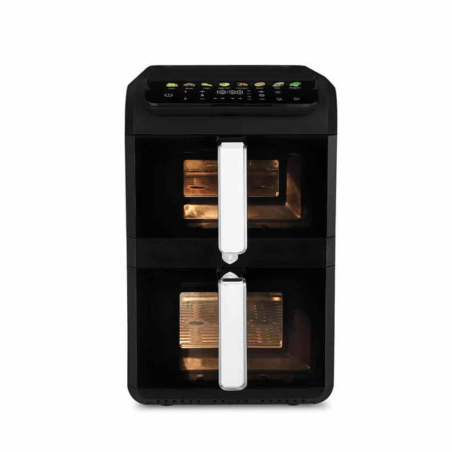 Two-tier black air fryer with white handles and a digital control panel on top, two cooking chambers visible inside.