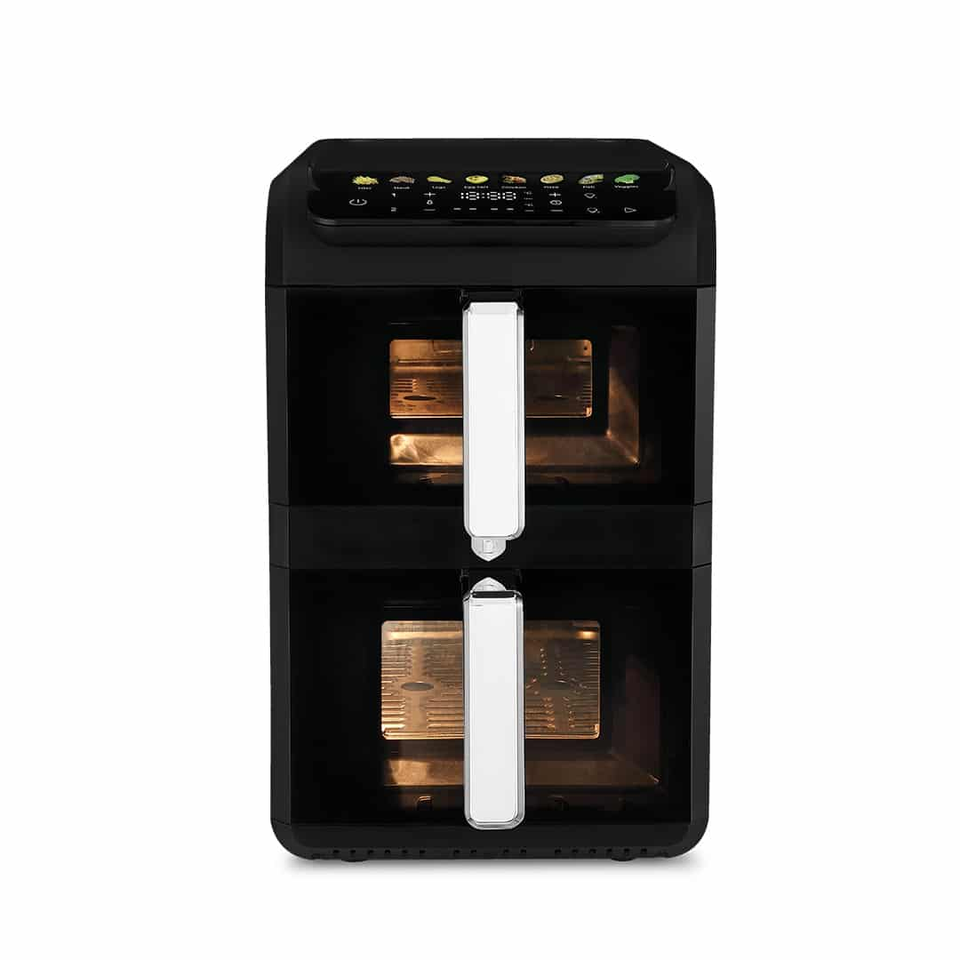 Two-tier black air fryer with white handles and a digital control panel on top, two cooking chambers visible inside.
