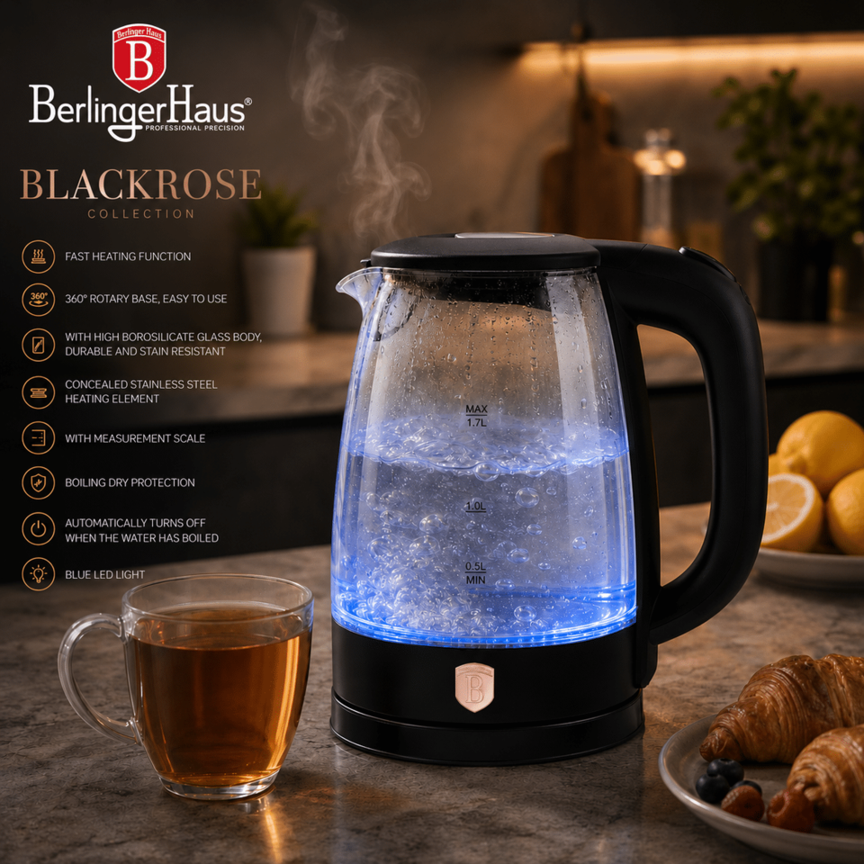 Electric kettle boiling water with blue LED, steam rising, on a kitchen counter with tea and pastries nearby (advertisement layout).
