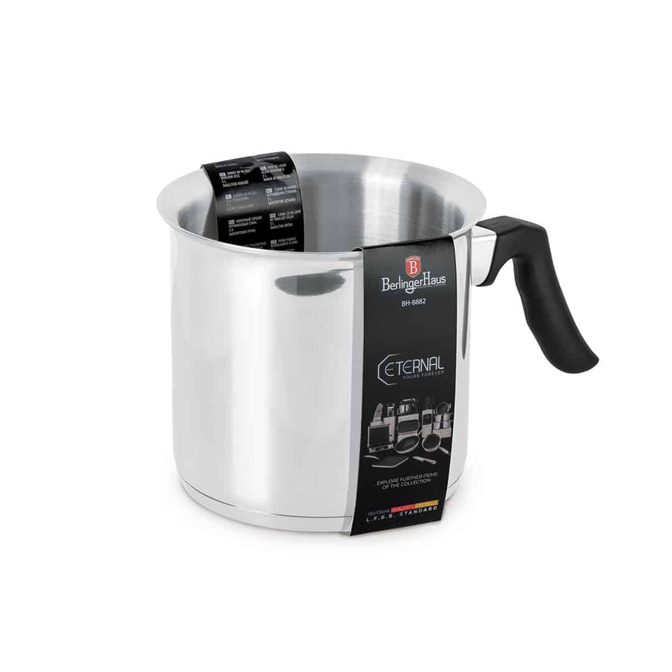 Stainless steel kettle with a black plastic handle and promotional tag wrapped around its side
