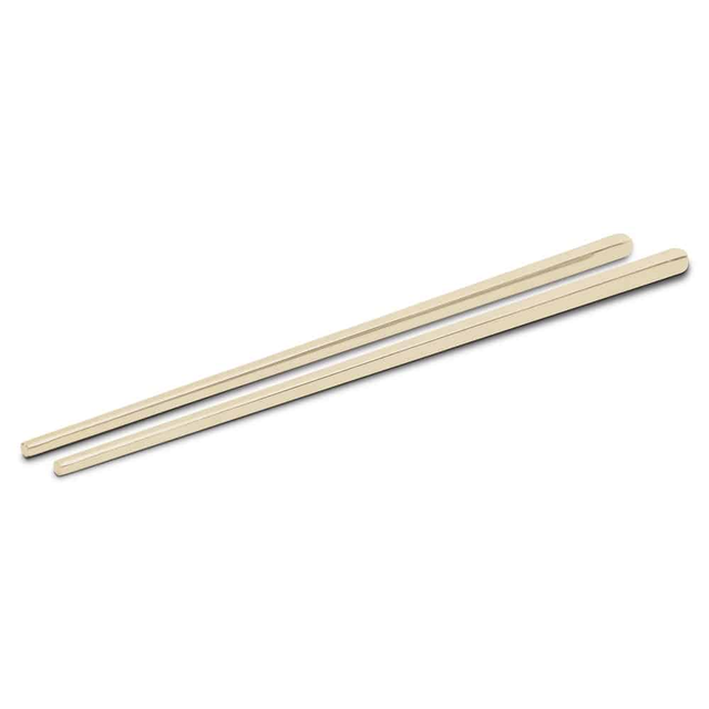 Two light wooden chopsticks lying parallel on a white background