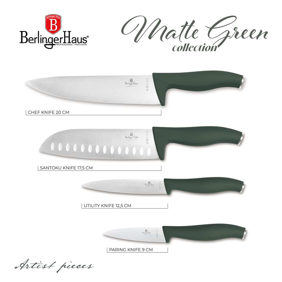 Set of four Berlinger Haus Matte Green knives: chef 20 cm, santoku 17.5 cm, utility 12.5 cm, paring 9 cm.
