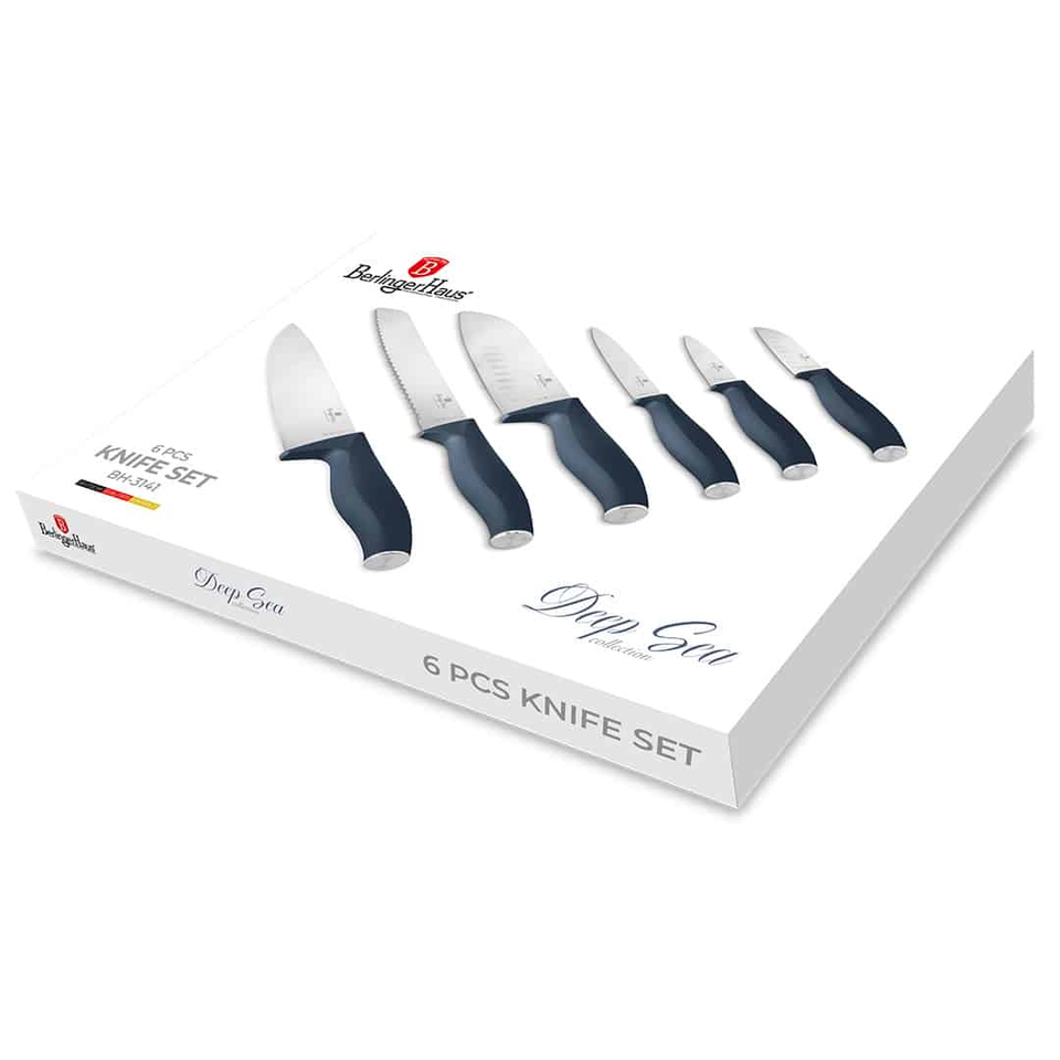 Six kitchen knives displayed on white packaging from the Berlinger Haus Deep Sea collection; labeled ‘6 pcs knife set.’