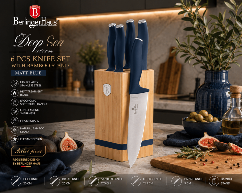 Berlinger Haus Deep Sea 6-piece knife set with bamboo stand on a kitchen counter, blue-handled knives visible in a block on top of the stand.