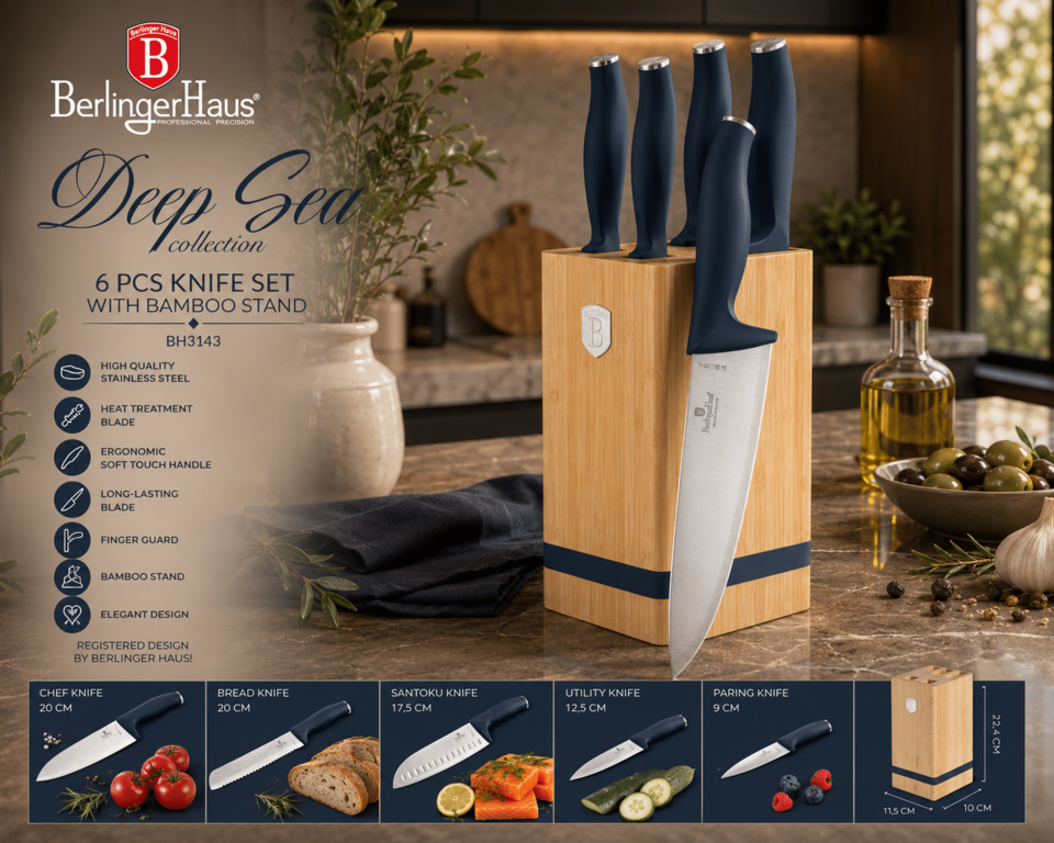 Berlinger Haus Deep Sea 6-piece knife set with bamboo stand on a kitchen counter, premium look.