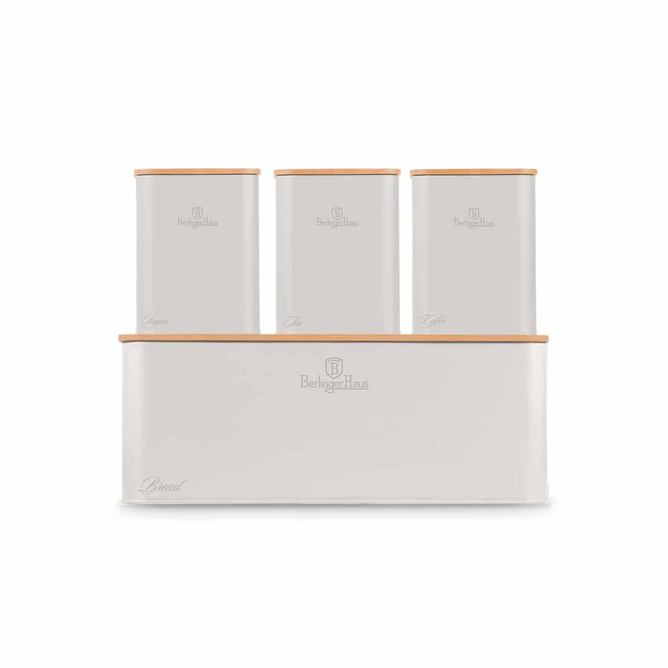 Set of three white canisters with copper lids in a matching white box, for kitchen storage, branding visible in center of each jar and box