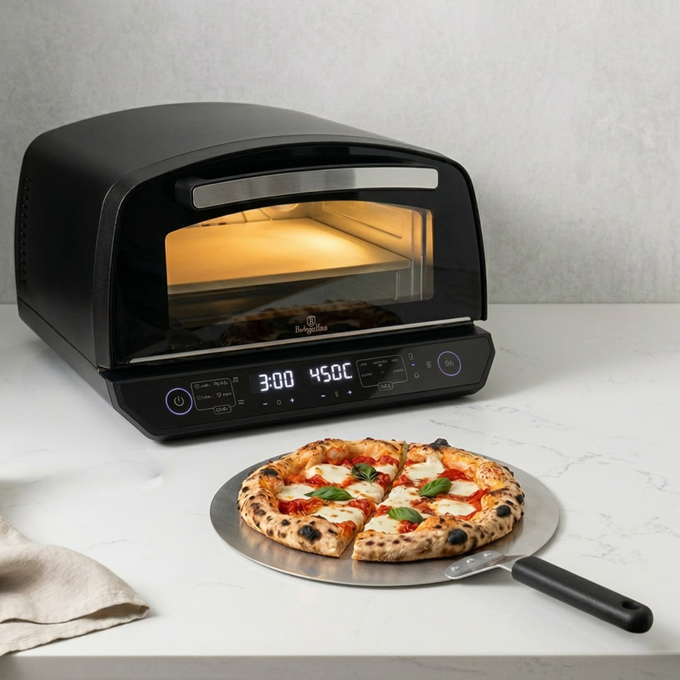 Black countertop pizza toaster oven with a pizza baking inside; a pepperoni pizza on a round metal tray sits nearby on the counter.