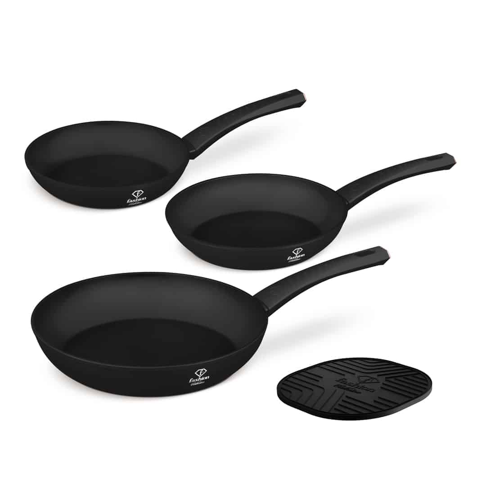 Set of three black nonstick frying pans in different sizes with long handles and a separate ridged grill plate/press included.