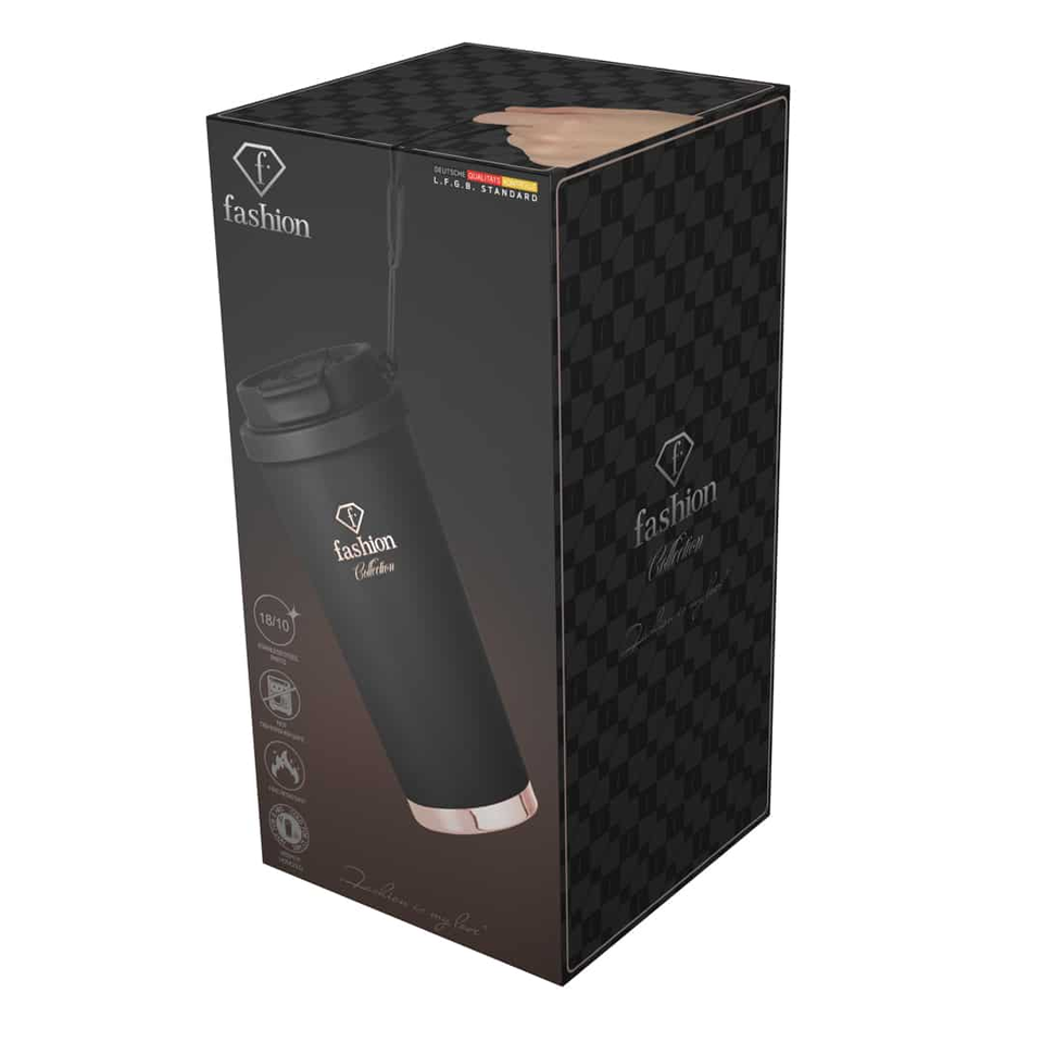 Product packaging for a black insulated bottle with a rose-gold base, branded 'fashion' on a dark checkered box front.