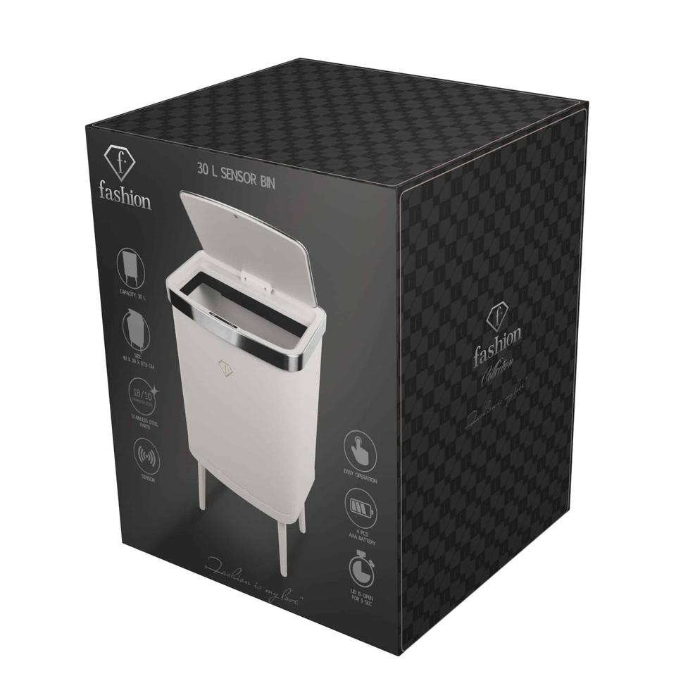 Box packaging for a 30 L sensor bin, showing a stainless steel trash can with a sensor lid on a dark patterned box.
