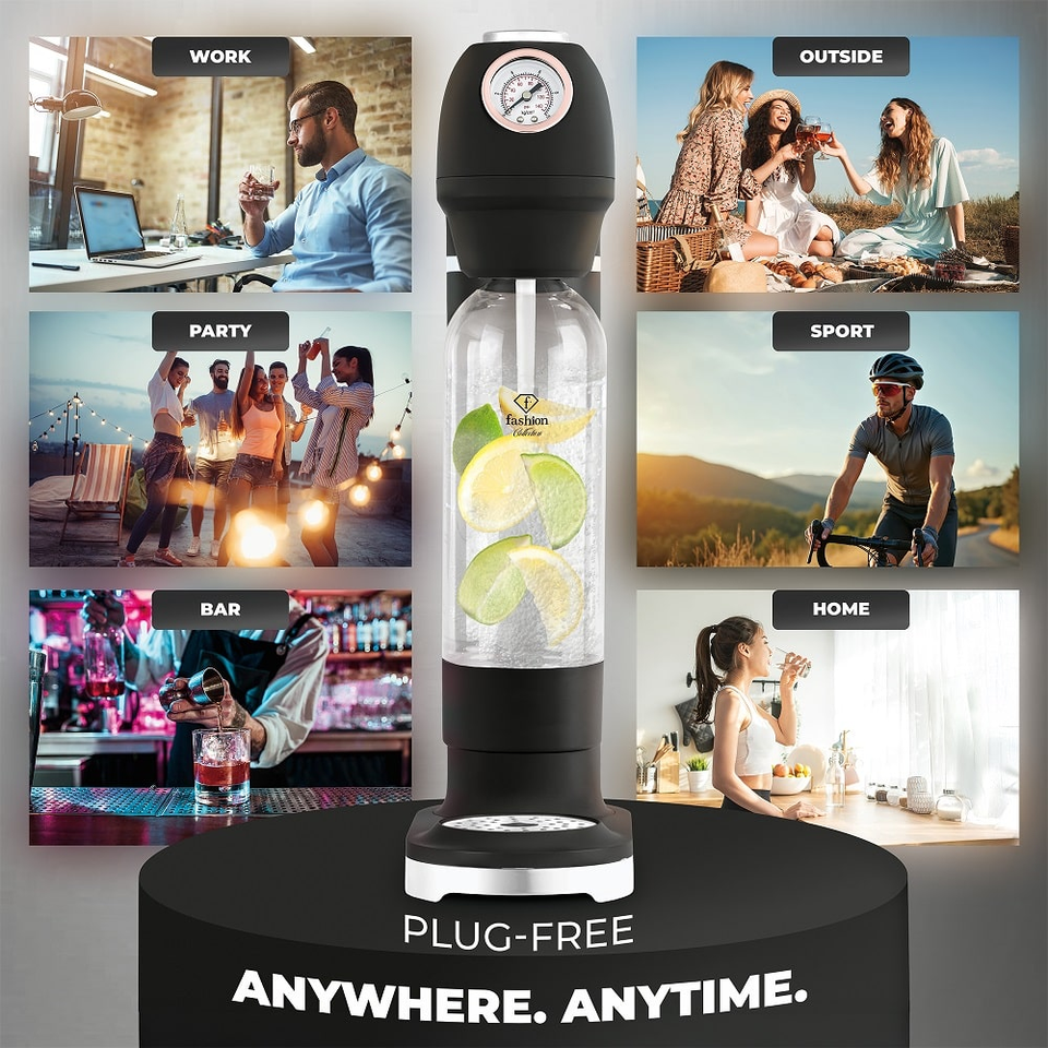 Central pump bottle on a circular stage with the slogan 'Plug-Free Anywhere. Anytime.' Surrounded by lifestyle scenes: work, outside, party, sport, bar, and home to imply versatility of the drink device.