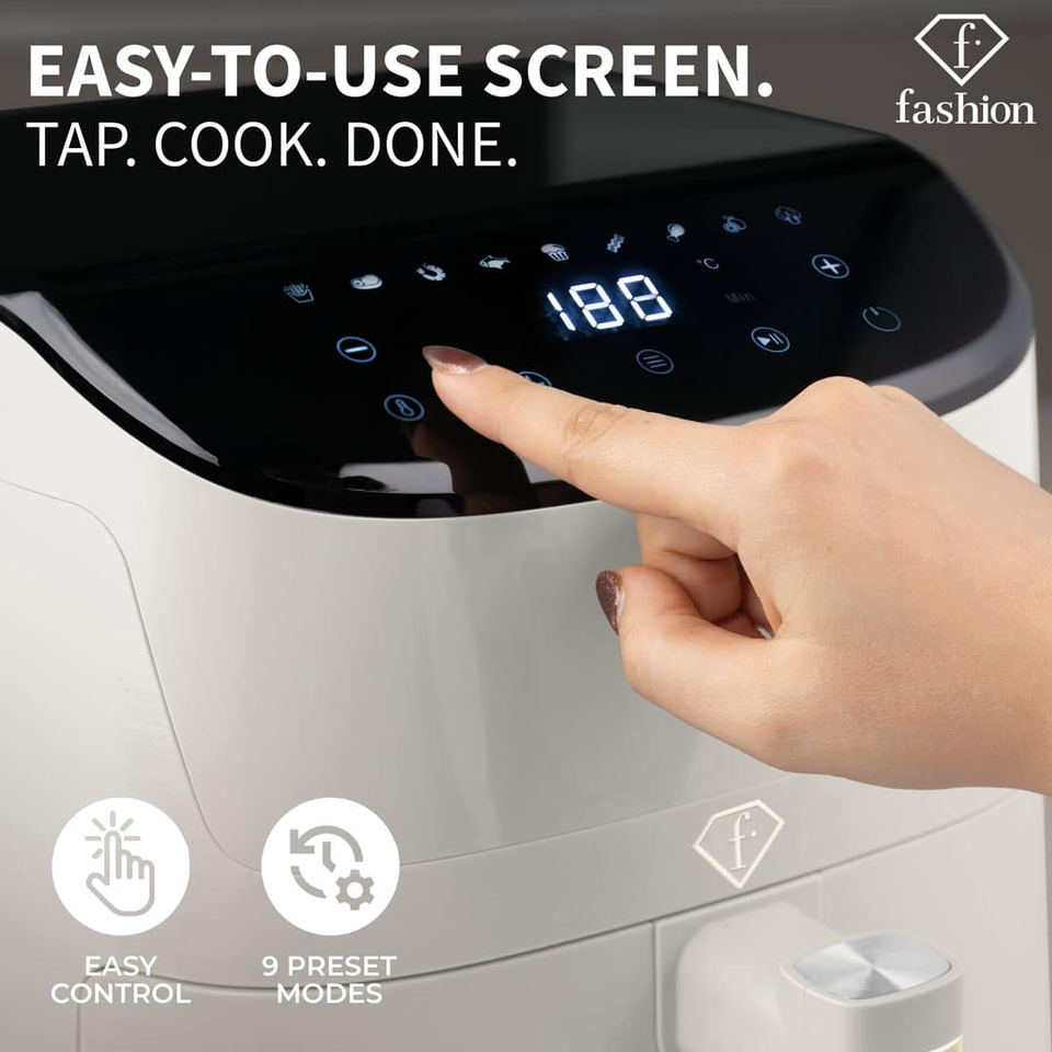 Close-up of a hand tapping the digital control panel on a white air fryer; the screen displays 180 and various cooking icons, highlighting easy control and 9 preset modes.